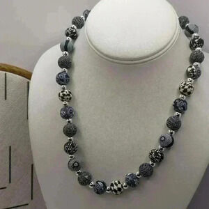 Jilzara Handcrafted Clay Bead stretch Necklace Black White silver trim
